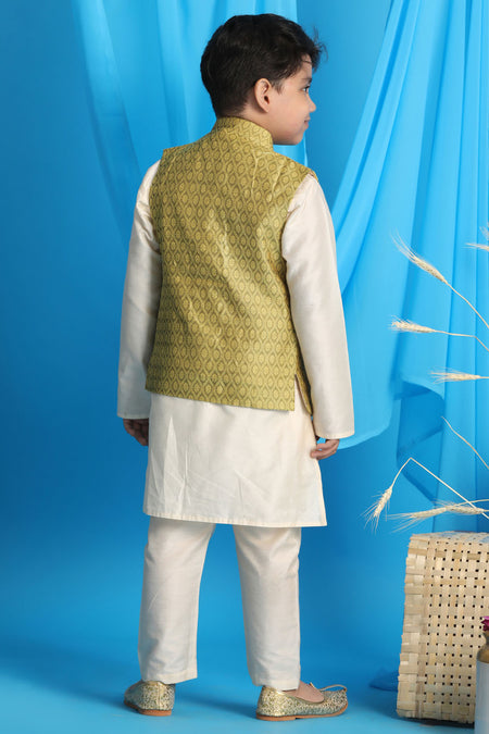 VASTRAMAY Yellow Woven Jacket With Cream Kurta and Pyjama Baap Beta Set